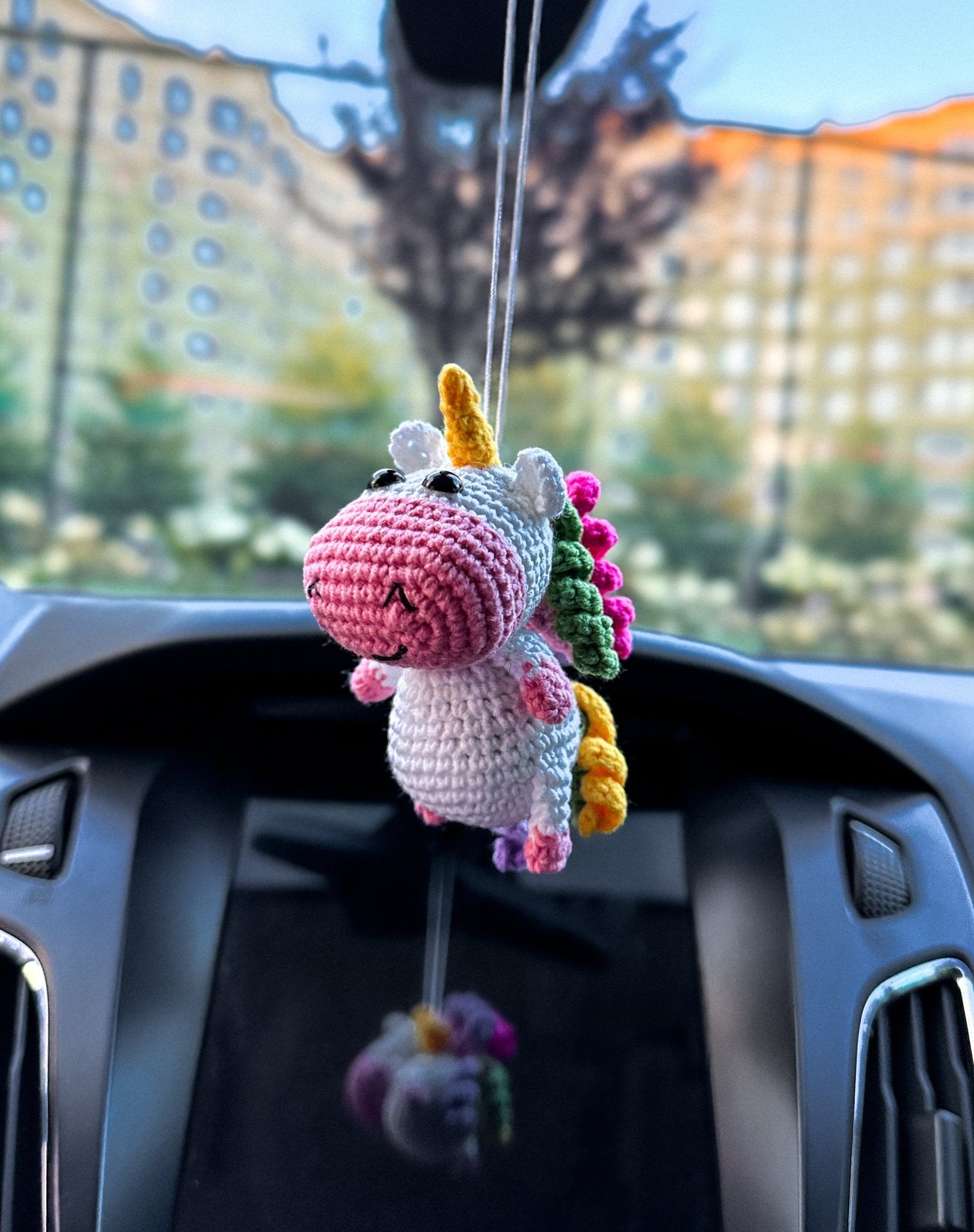 Crochet Unicorn Car Mirror Charm – Amigurumi Rearview Hanger, Cute Plush Car Accessory, Handmade Unicorn Ornament - WoollyFox